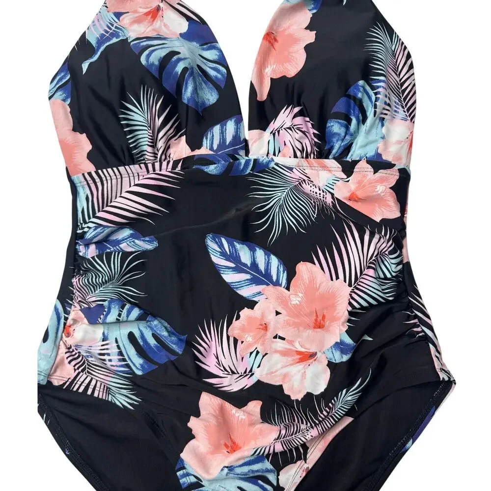 DKNY Tropical Floral Halter One Piece Swimsuit Tummy Control M Est. No Size Tag - Picture 4 of 9